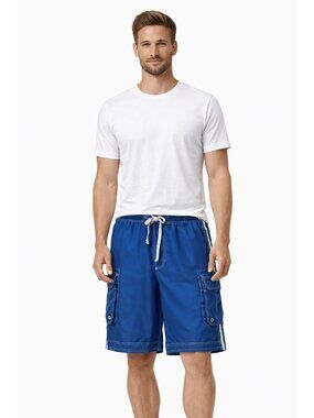 Unbranded Short Mens Size 40 Blue White Side Stripes Cargo Pockets Elastic Waist
